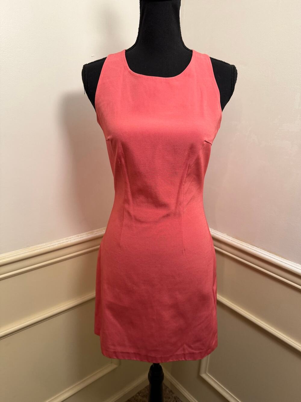Vintage Caché Ribbed Sheath Dress Mini Coral Pink Acetate Rayon Blend Barbie Y2K